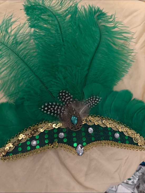Accessories - Green Feathered Sequin Showgirl Headpiece with Gold Trim